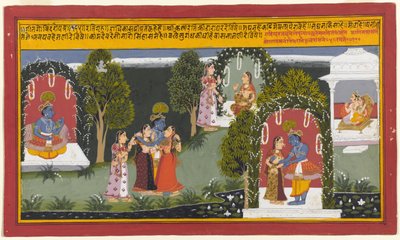 Kama en Rati getuigen de hereniging van Krishna en Radha, pagina uit een Gita Govinda serie, 1714 door Indian School